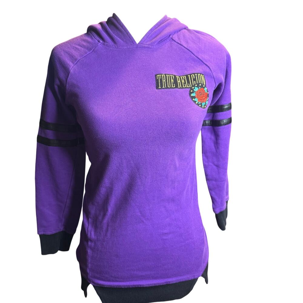 True Religion Purple Hoodie, Rose Graphic Pullover Sweatshirt, Women's Small